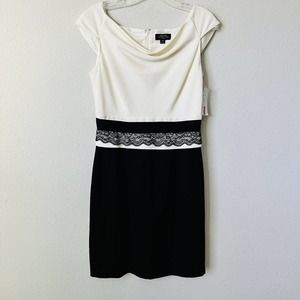 Tahari Cream and Black Color Block Cowl Neck Pencil Dress